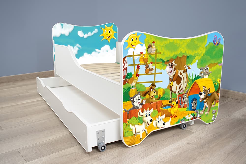 Dečiji krevet sa dušekom, podnicom i fiokom 168x80 cm Happy Kitty Farm
