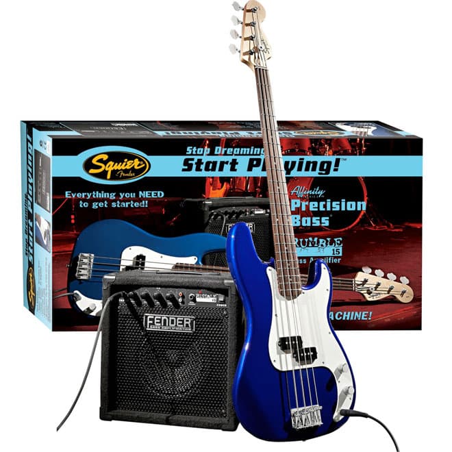 Bas gitara Squier By Fender Affinity P Bass w i pojačalo Rumble 15 Amp Metallic Blue
