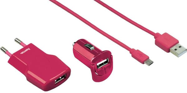 Set USB punjača - kućni i auto punjač sa microUSB kablom Picco pink Hama 102007
