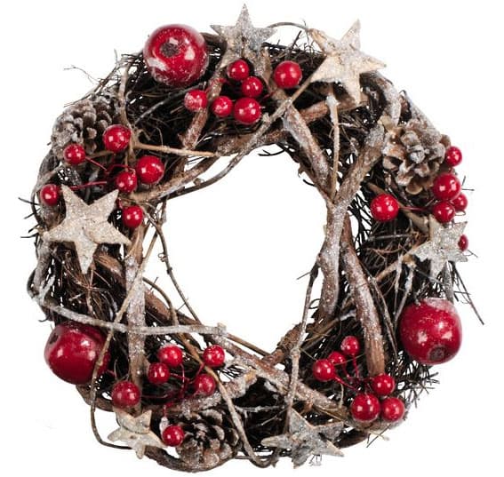 Novogodišnji venac od ratana sa crvenim ukrasima