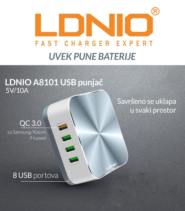 Stoni USB Punjač Sa 8 Portova Za Baterije Telefona Ldnio A8101