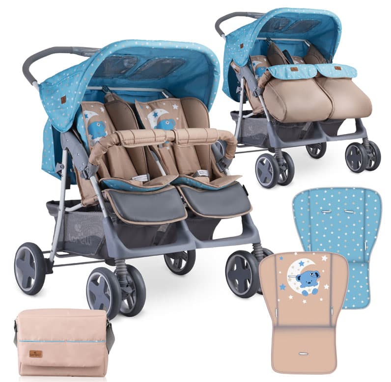 LORELLI Kolica za blizance TWIN Blue and Beige Moon Bear