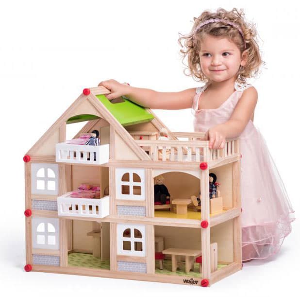 Drvena kućica na sprat, sa lutkama i nameštajem Woodyland