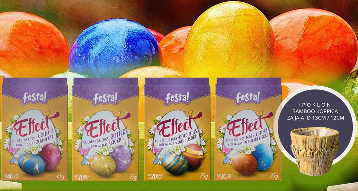 Komplet boja za uskršnja jaja sa specijalnim efektima - poklon Bamboo korpa