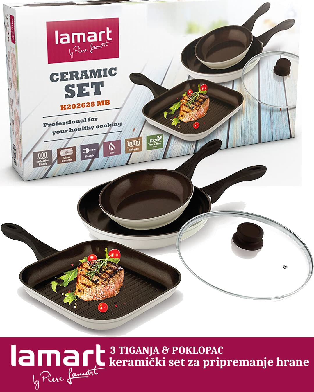 Komplet Keramičkih Tiganja Sa Poklopcem Lamart K202628MB