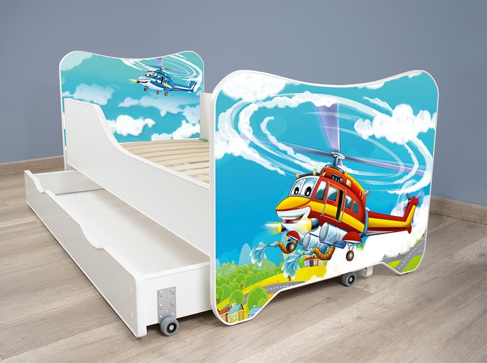 Dečiji krevet sa dušekom, letvicama i fiokom Happy kitty Helicopter 160x80 cm