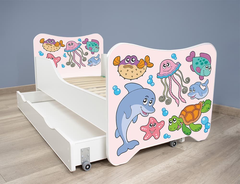 Dečiji krevet sa dušekom, letvicama i fiokomHappy kitty Fishes 160x80 cm