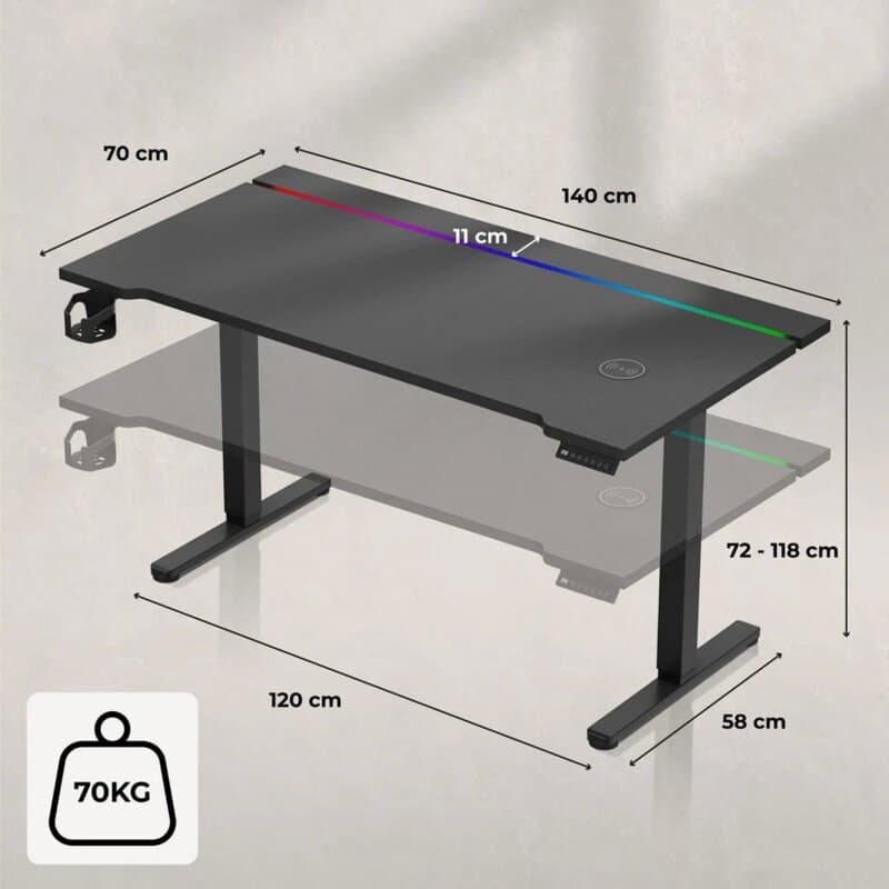 Huzaro Hero 8.7 RGB Električni podesivi gaming sto 140x70cm, Crni
