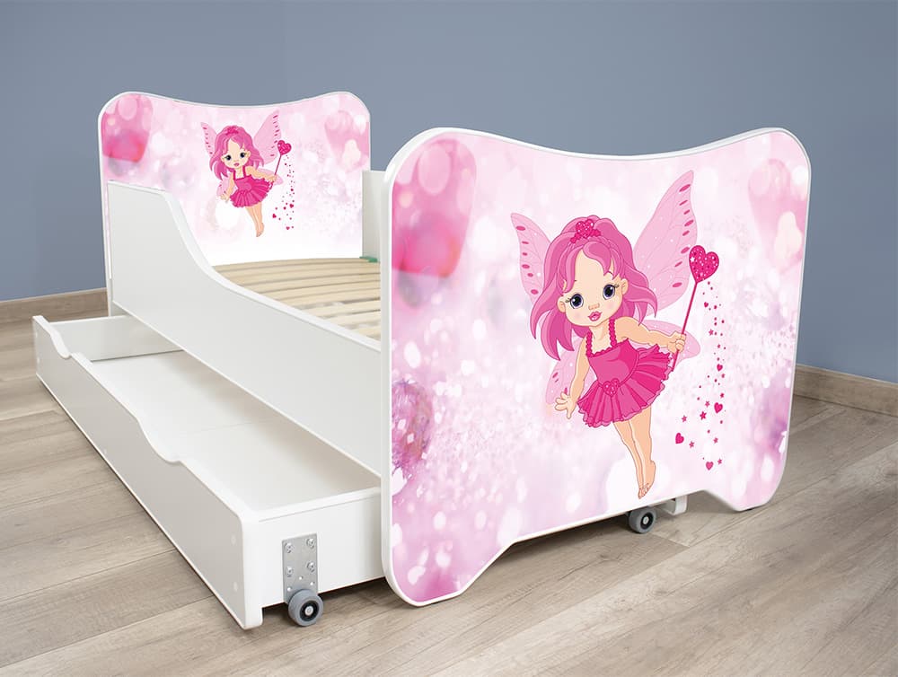 Dečiji krevet sa dušekom, letvicama i fiokom Happy kitty Fairy 160x80 cm